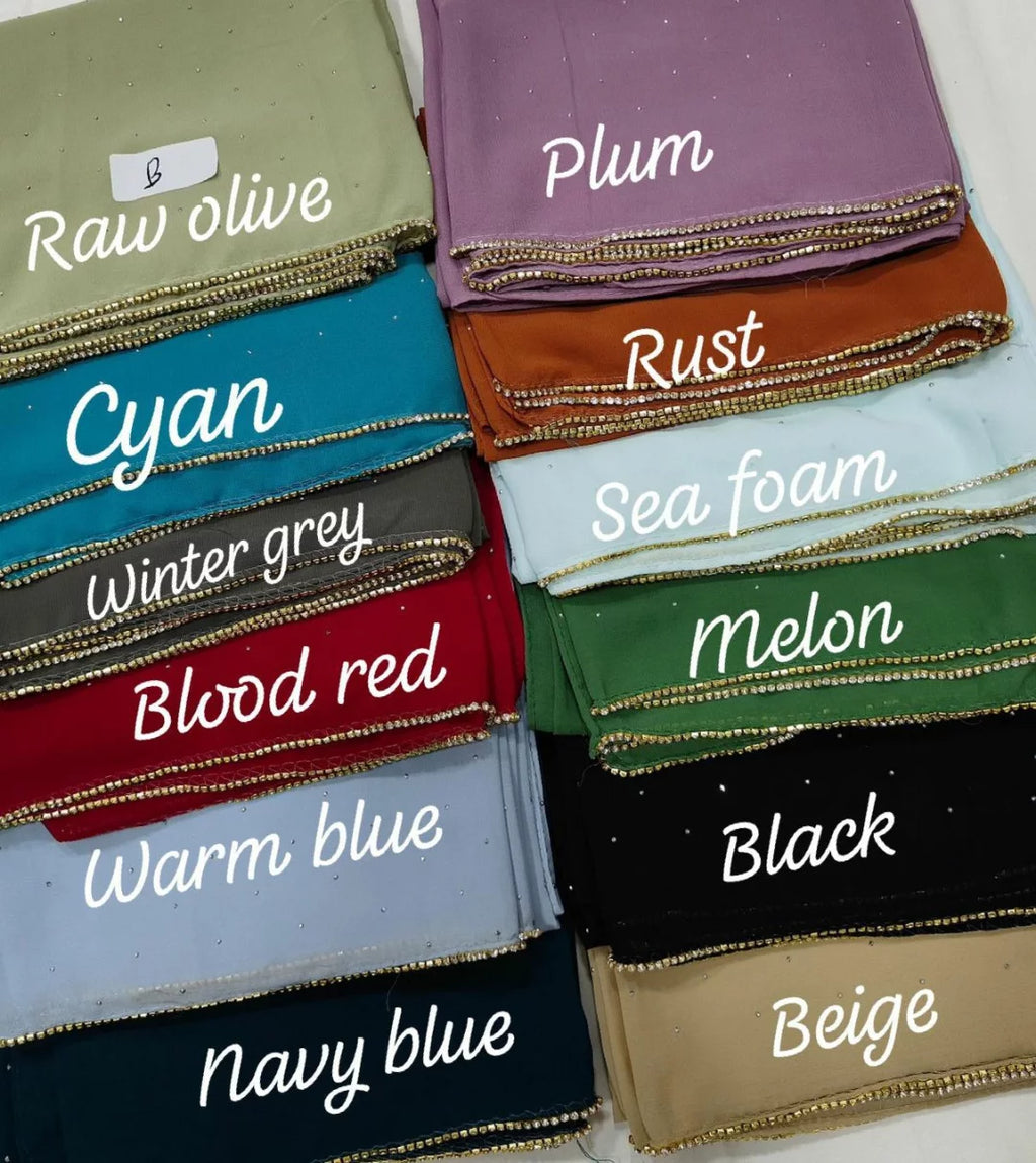 Rhinestone Gold Zipper Chiffon Hijab