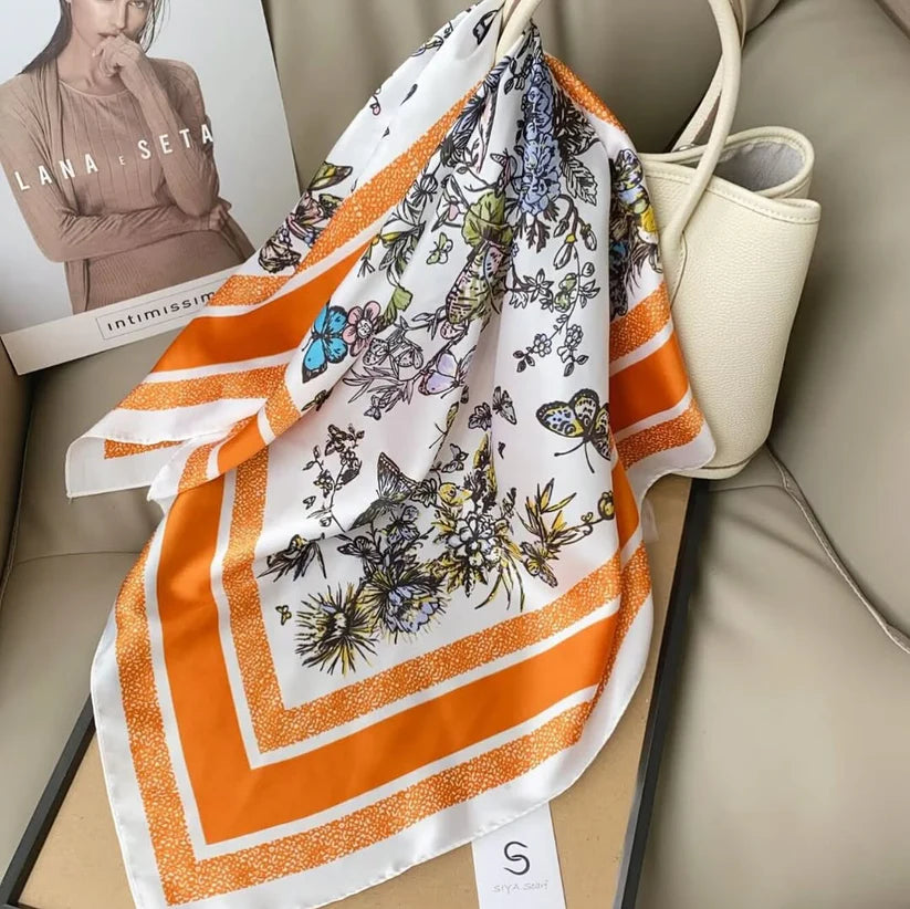 Orange CD Butterfly Print Silk Square Scarves 70 CM