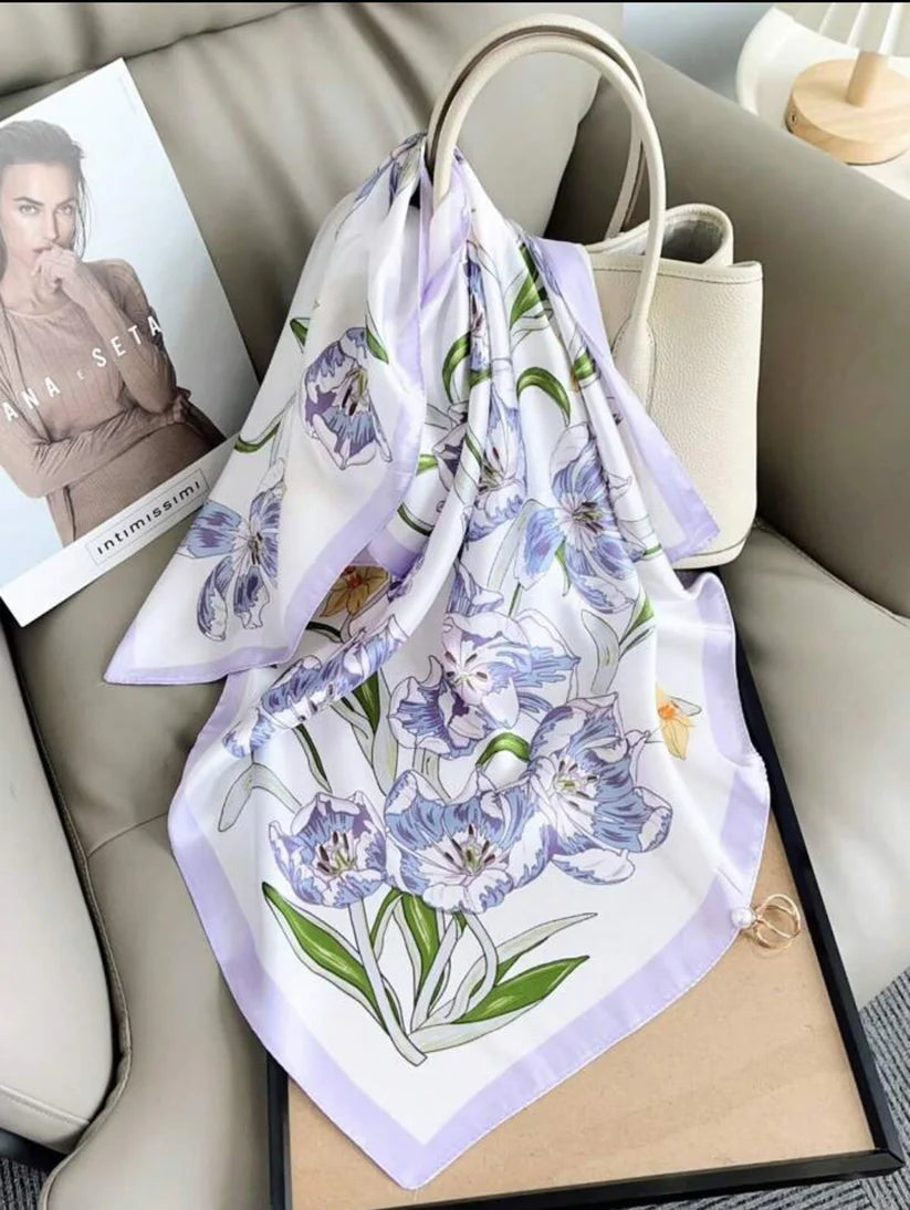 Lilac Trail Blossom Print Silk Square Scarves 70 CM