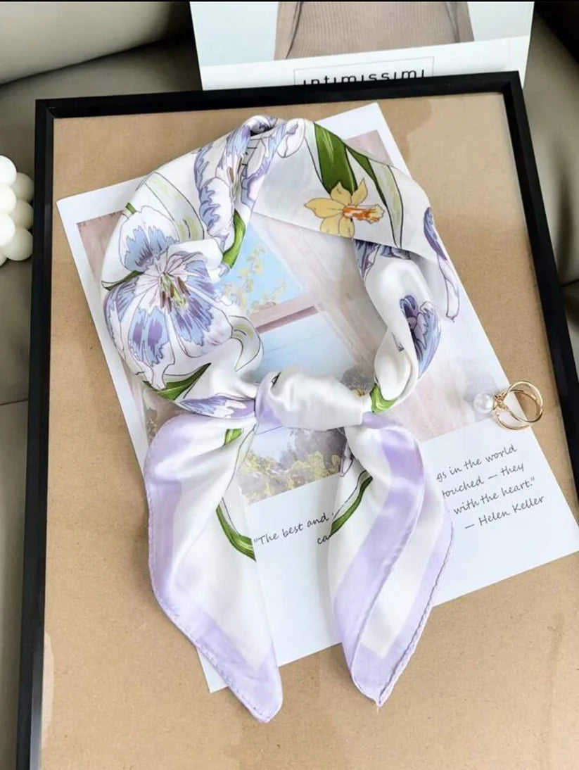 Lilac Trail Blossom Print Silk Square Scarves 70 CM