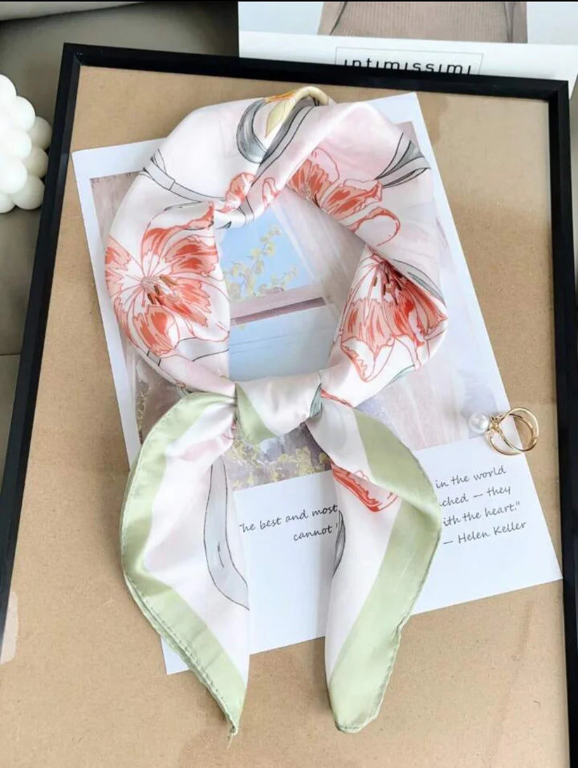 Green Trail Blossom Print Silk Square Scarves 70 CM