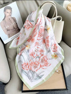Green Trail Blossom Print Silk Square Scarves 70 CM