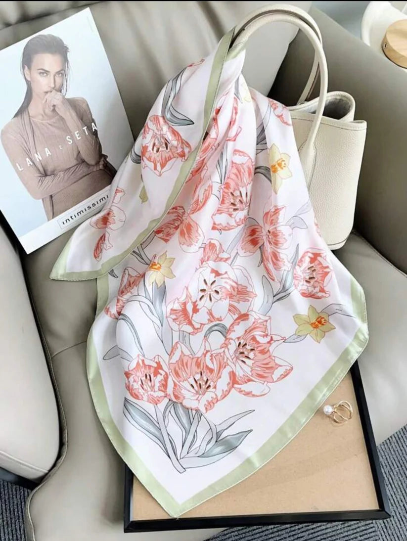 Green Trail Blossom Print Silk Square Scarves 70 CM