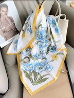 Yellow Trail Blossom Print Silk Square Scarves 70 CM