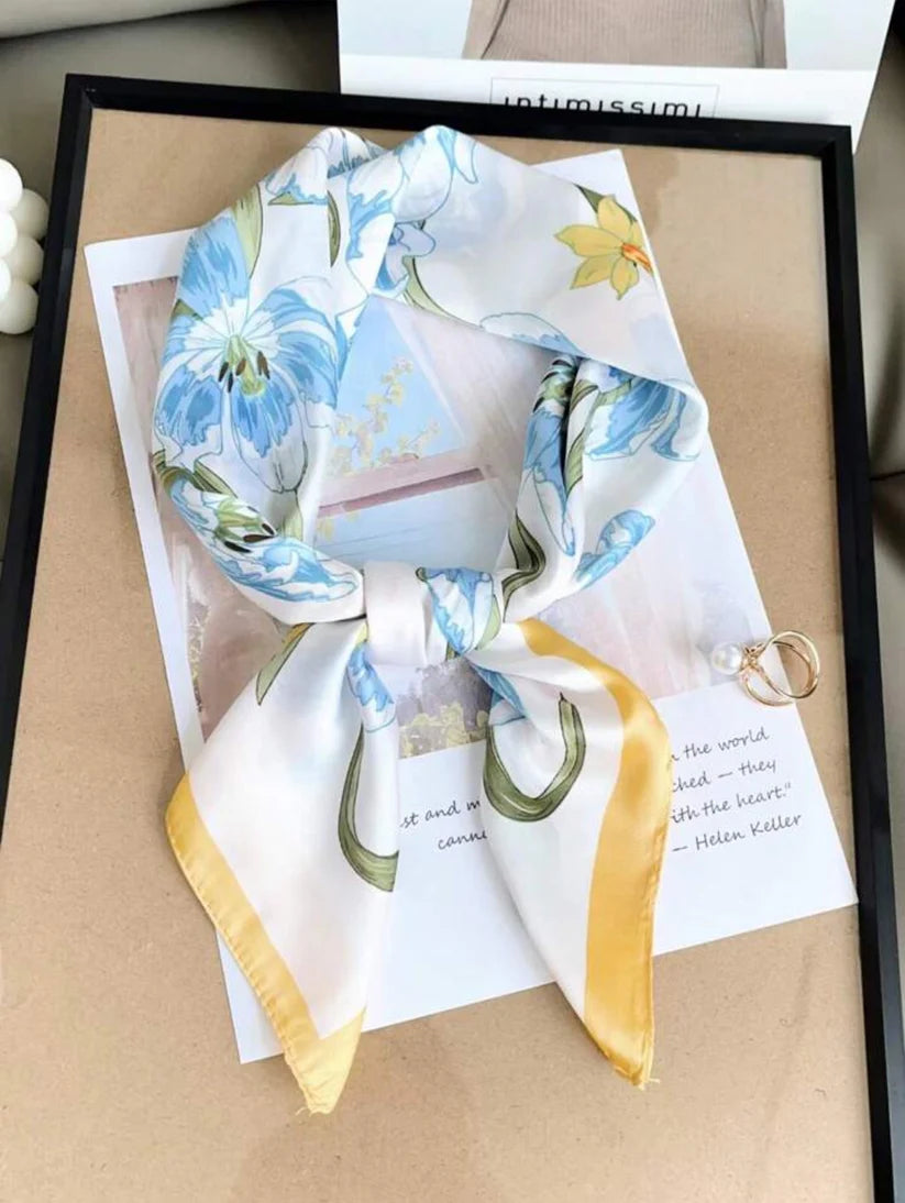 Yellow Trail Blossom Print Silk Square Scarves 70 CM