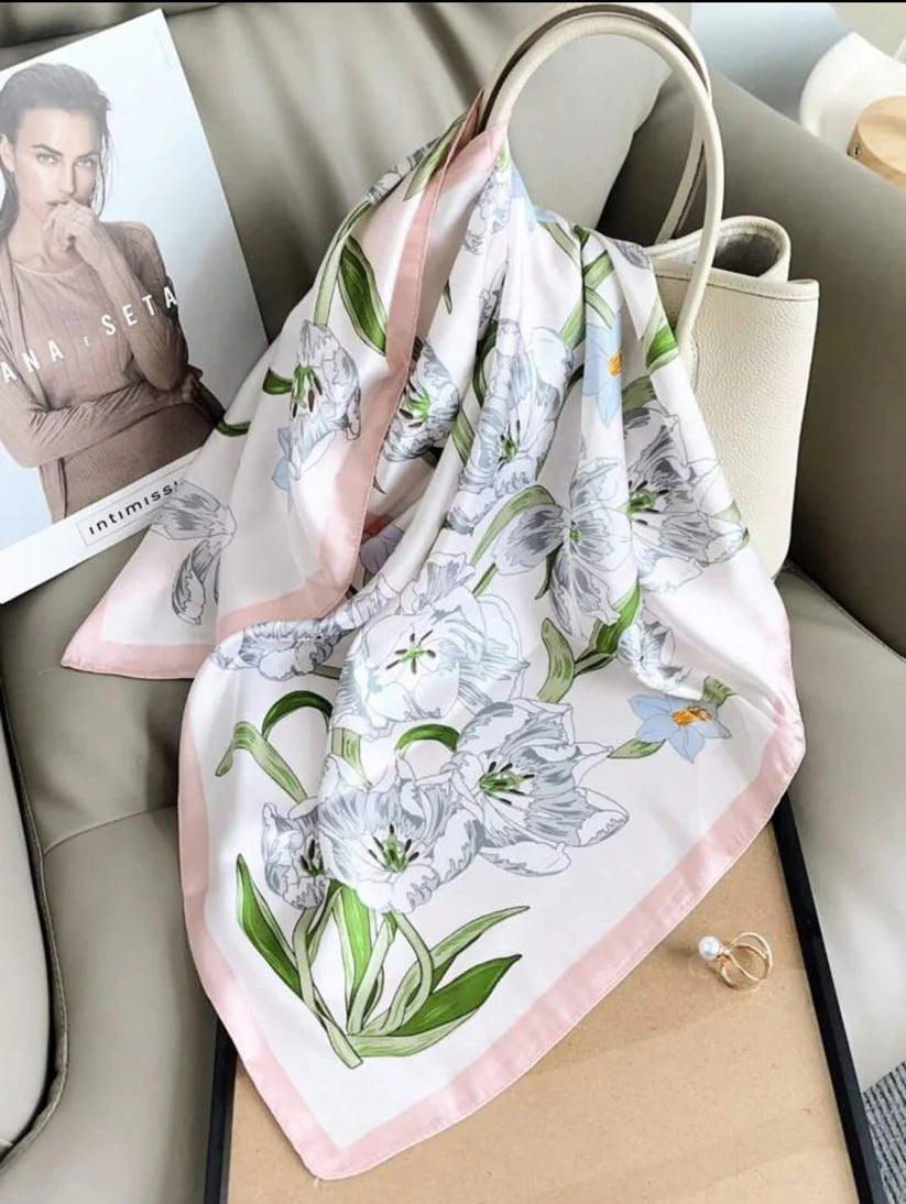 Trail Blossom Print Silk Square Scarves 70 CM