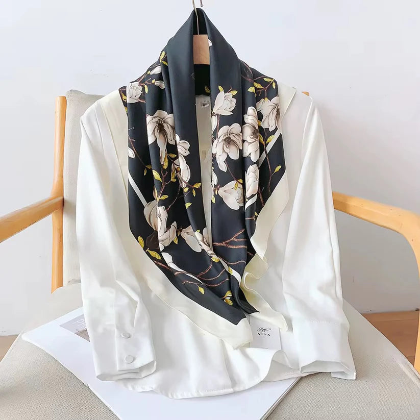 Black Autumn Leaf Printed Square Scarf