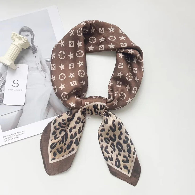 Brown Star Animal Print Silk Square Scarves 70 CM