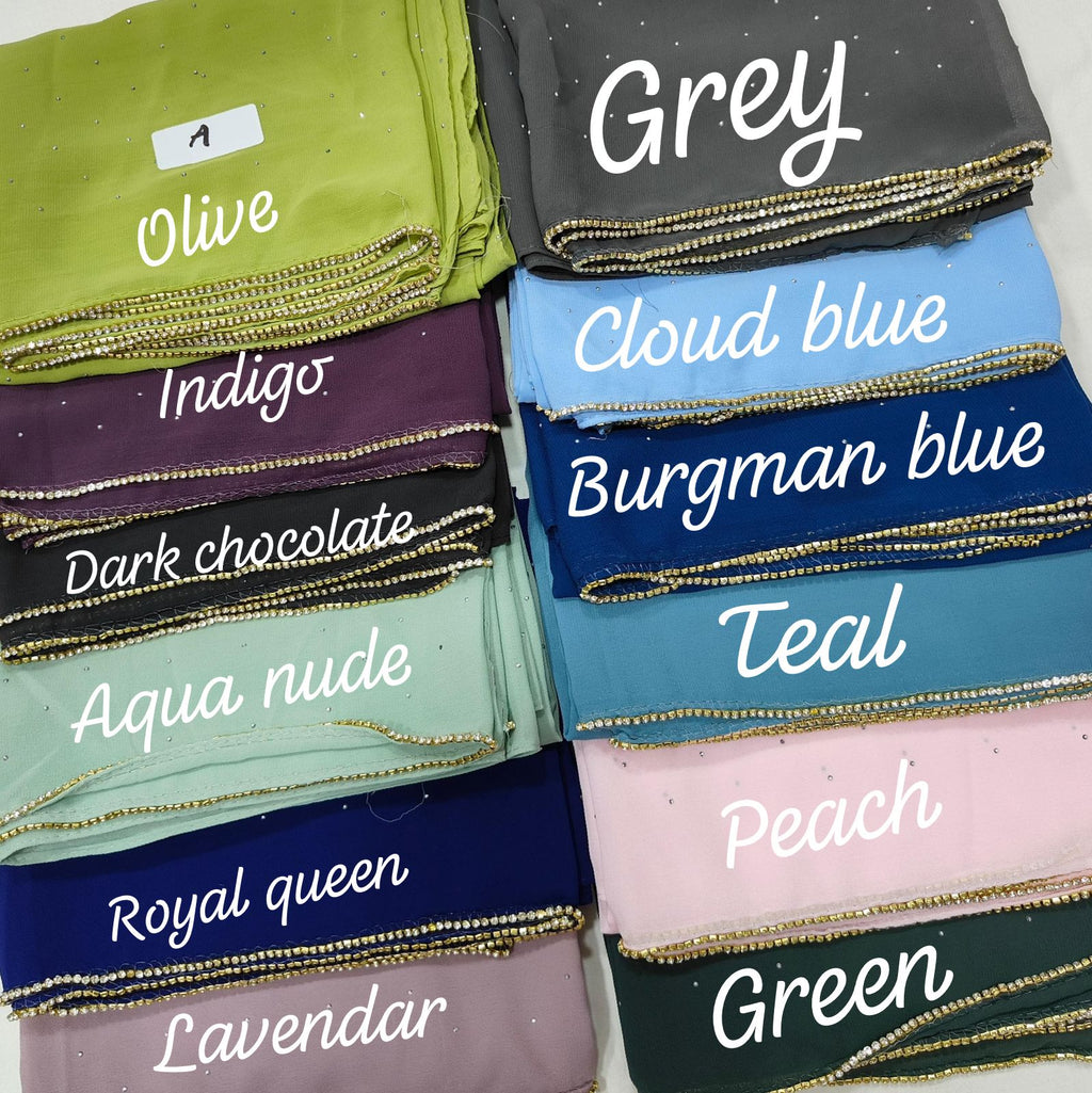 Rhinestone Gold Zipper Chiffon Hijab