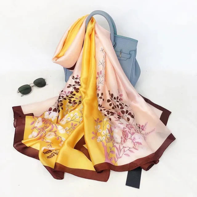 Yellow Peach Autumn Printed Silk Scarf